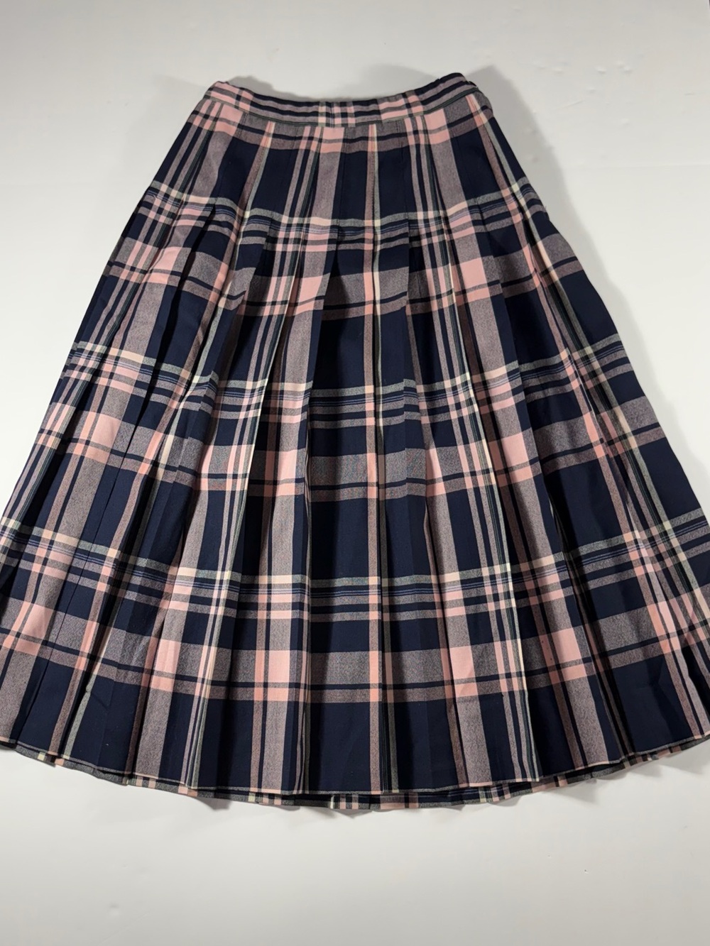 Pendleton Vintage Wool Plaid Pleated Midi Skirt Pink Navy Petite Size 6 - Picture 1 of 6